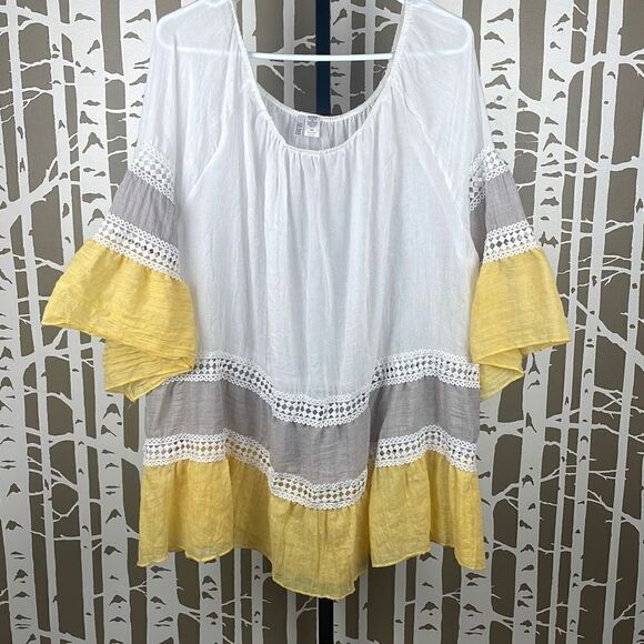 Kaktus Boho Crochet Trim Ruffle Sleeve Top XXXL - Picture 1 of 7